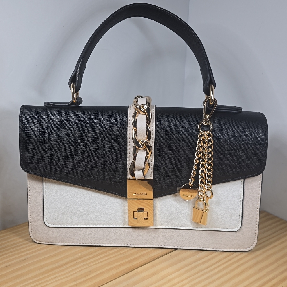 Aldo Black and Blush Top Flap Crossbody HandBag with Gold Accents NWT